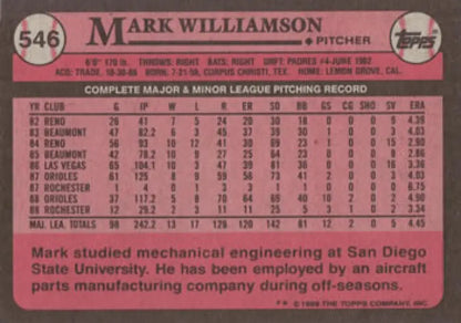 Baseball card featuring Mark Williamson from the 1985 Topps set for Baltimore Orioles