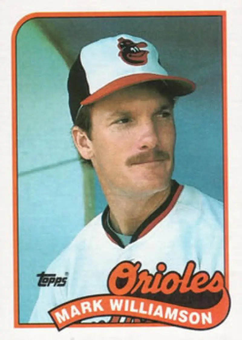 1989 Topps #546 Mark Williamson Baseball Card featuring Baltimore Orioles player with mustache