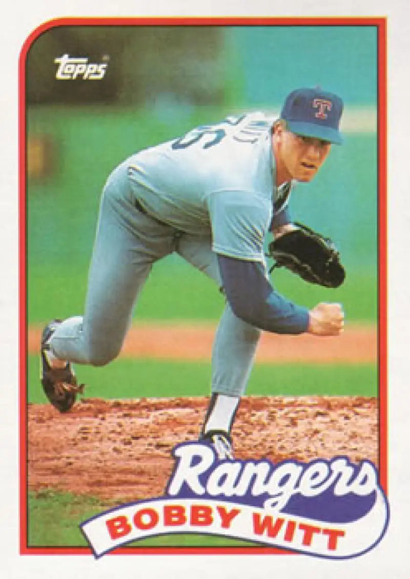 1989 Topps Bobby Witt Texas Rangers Baseball Card featuring pitcher mid-delivery