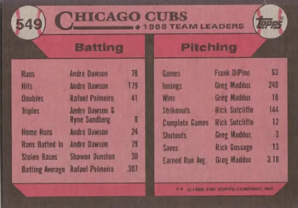 Pink 1988 Chicago Cubs team leaders baseball card featuring Jamie Moyer statistics