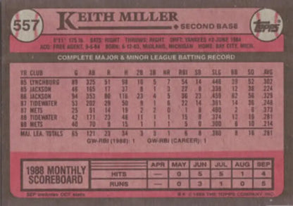 Keith Miller statistics and scoreboard on 1989 Topps #557 New York Mets Baseball Card