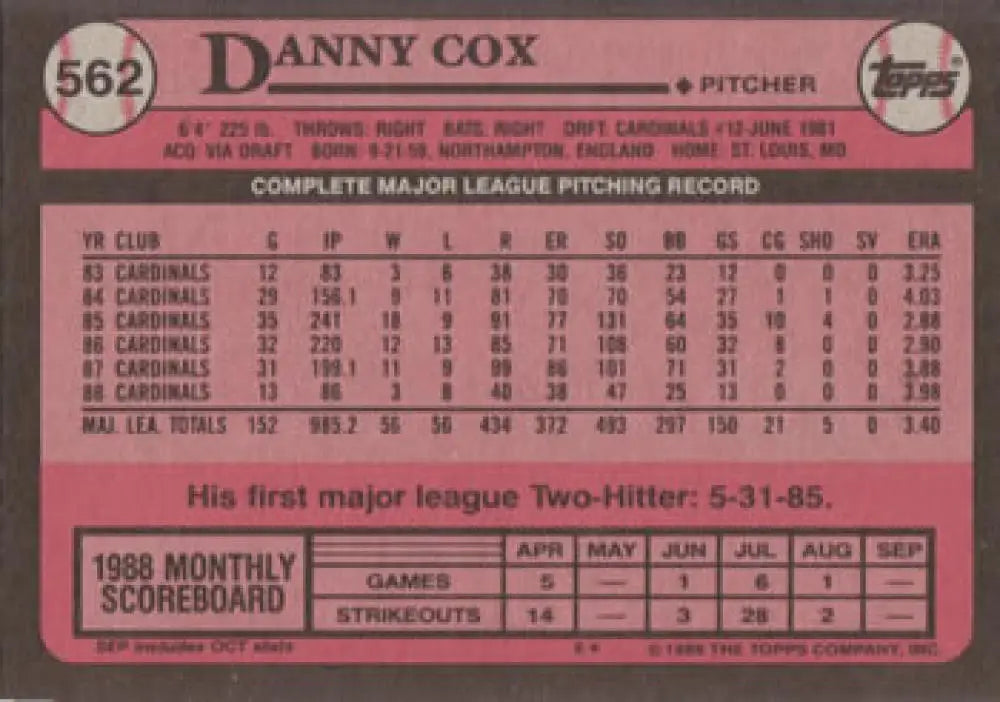 Pink 1986 Topps baseball card #562 featuring Danny Cox and his Louis Cardinals statistics