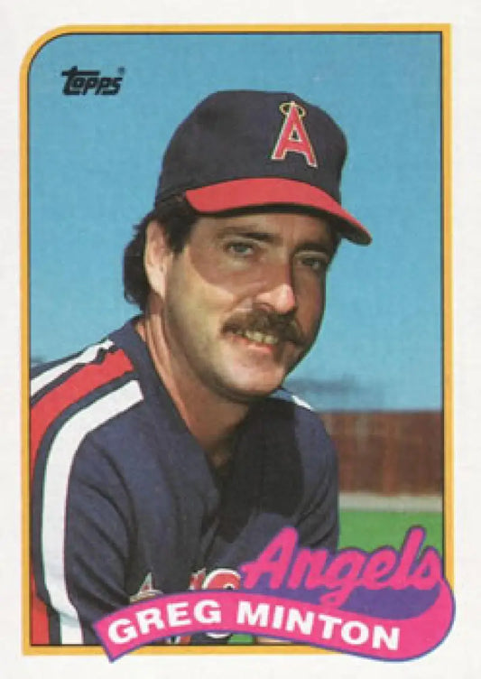 Vintage 1989 Topps #576 Greg Minton California Angels Baseball Card in navy uniform