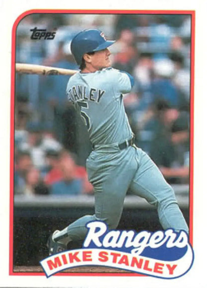 Texas Rangers baseball card of Mike Stanley in gray uniform batting stance