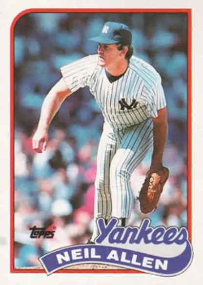 Baseball card of Neil Allen in New York Yankees pinstriped uniform mid-delivery