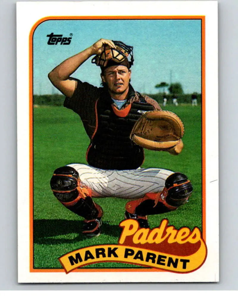 Vintage 1989 Topps Mark Parent baseball card in catching position for San Diego Padres