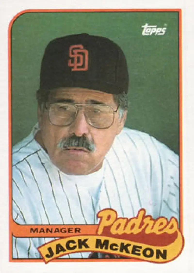 Vintage 1989 Topps #624 Jack McKeon card featuring San Diego Padres manager with glasses