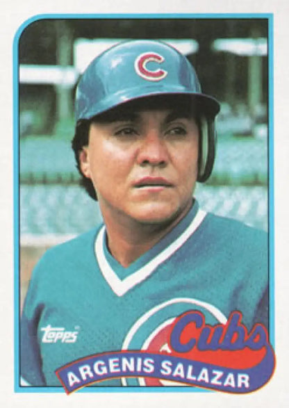 Baseball card of Angel Salazar in Chicago Cubs jersey with blue helmet