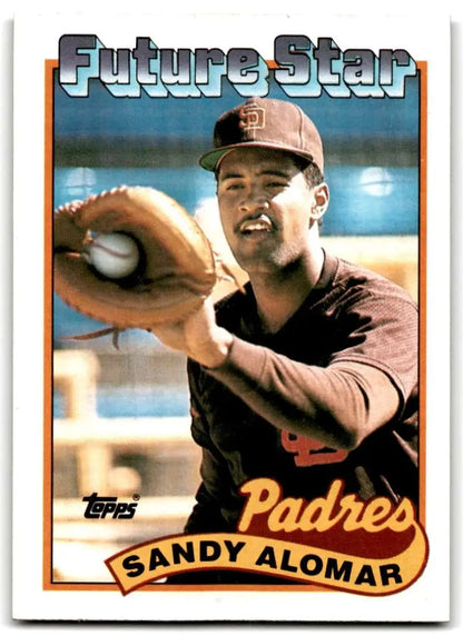 Vintage Topps Future Star baseball card of Sandy Alomar for San Diego Padres in catching pose