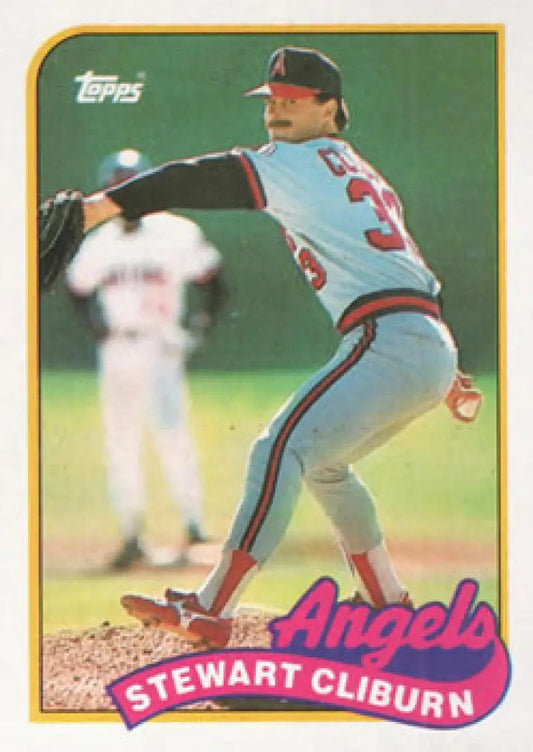 Vintage 1989 Topps Baseball Card of Stew Cliburn, California Angels Pitcher in Action