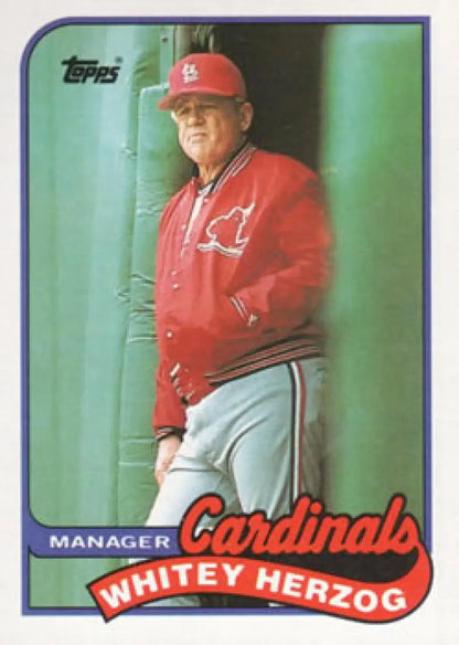 Baseball card of Whitey Herzog in red jacket for St. Louis Cardinals baseball