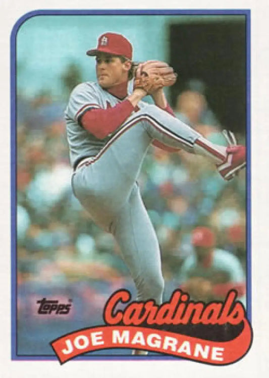 Baseball card of Joe Magrane pitching in a gray uniform for St. Louis Cardinals