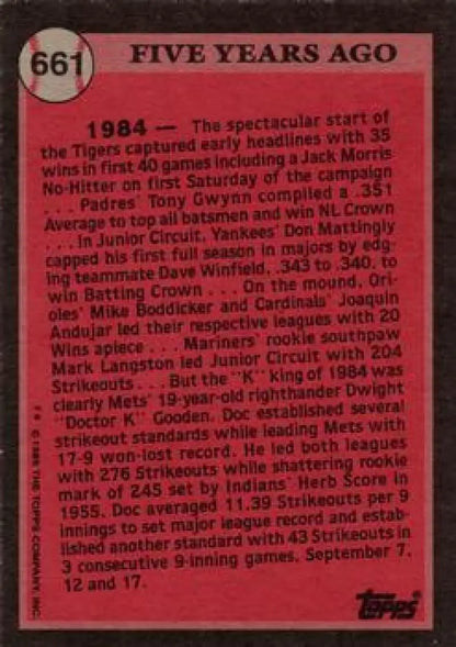 Red Dwight Gooden Baseball Card featuring Five Years Ago text and 1984 statistics