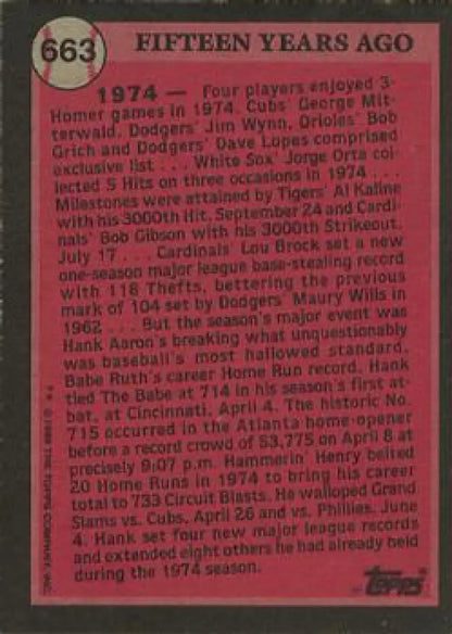 Pink baseball card highlighting notable 1974 events and Hank Aaron of Atlanta Braves