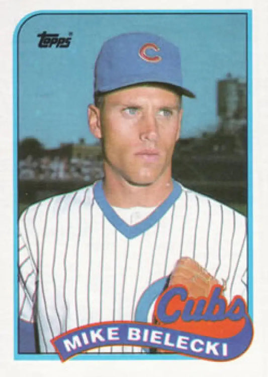 1989 Topps #668 Mike Bielecki Chicago Cubs Baseball Card in pinstriped uniform