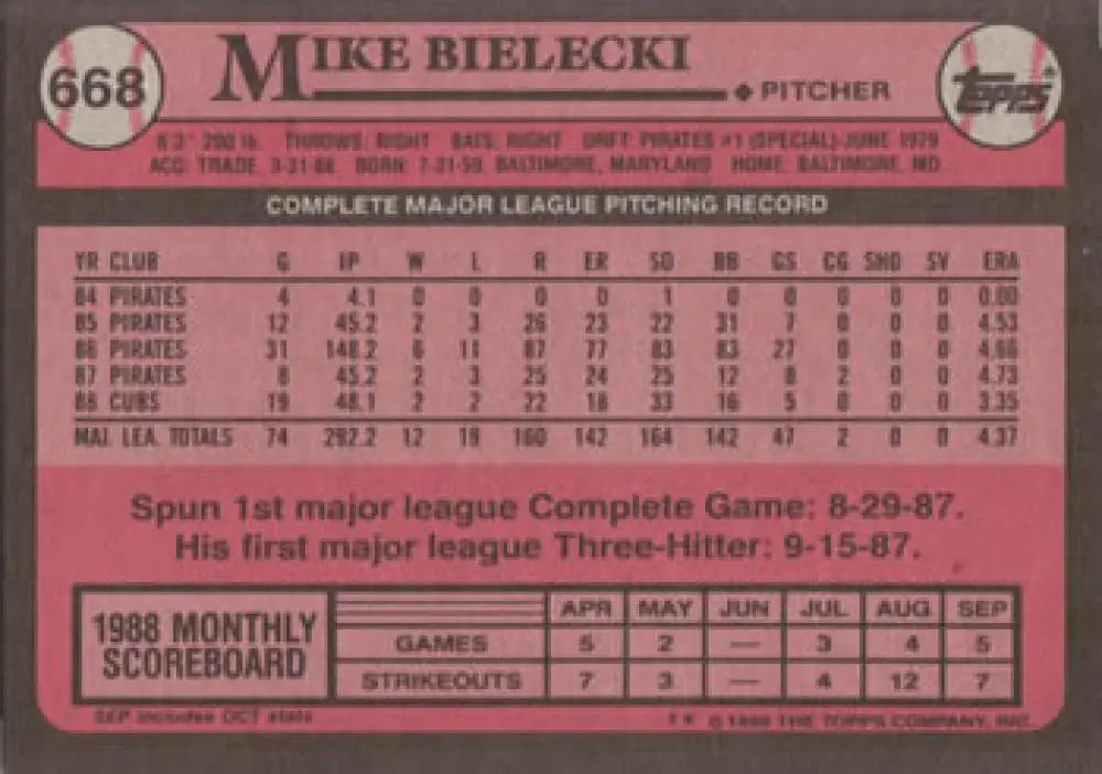 Pink 1989 Topps Baseball Card featuring Mike Bielecki of the Chicago Cubs