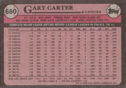 Back of 1989 Topps Gary Carter Baseball Card with New York Mets career statistics