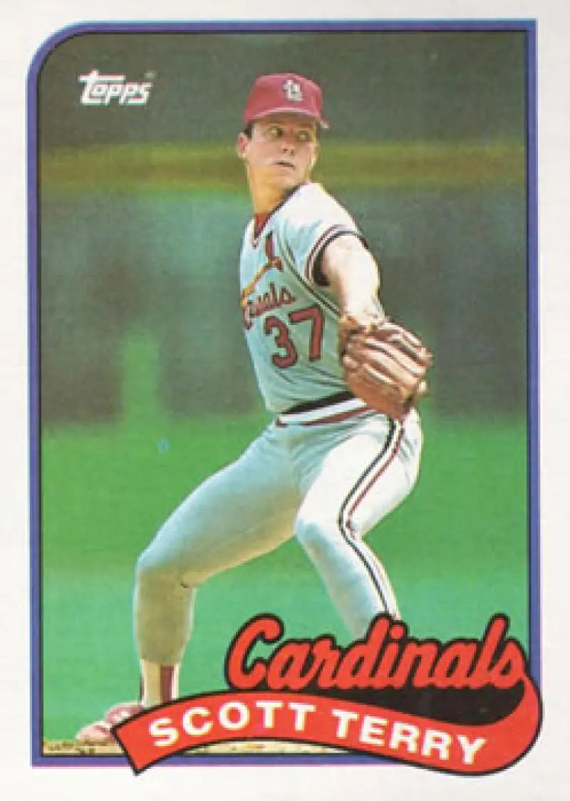 Vintage Topps baseball card of Scott Terry, St. Louis Cardinals pitcher in mid-throw