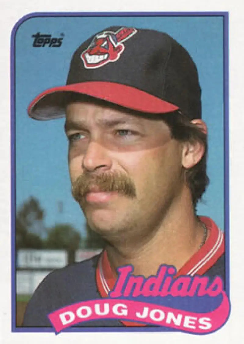 Baseball card of Doug Jones, Cleveland Indians player with a mustache and team cap