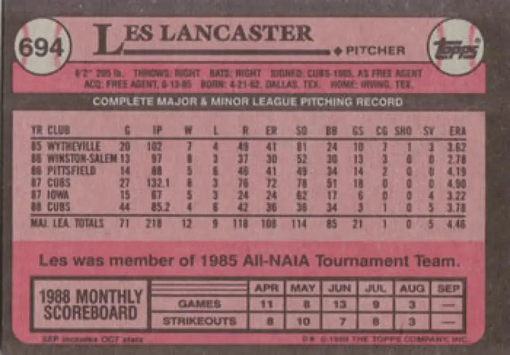 Pink 1989 Topps Les Lancaster baseball card featuring Chicago Cubs statistics and info