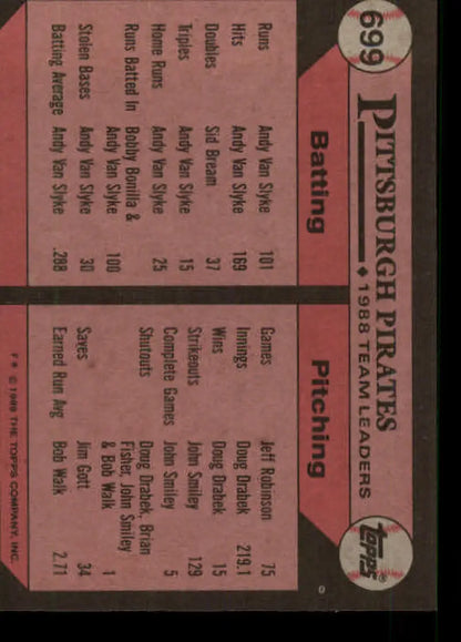 1989 Topps Al Pedrique Pittsburgh Pirates Baseball Card with pitching and batting stats