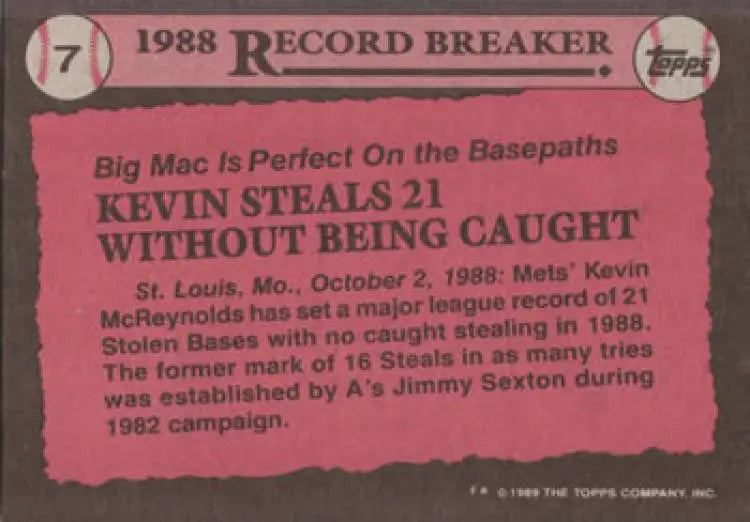 Pink 1988 Topps Baseball Card featuring Kevin McReynolds and stolen base record from Mets