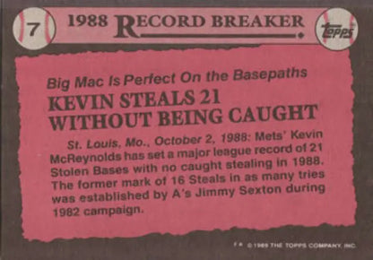 Pink 1988 Topps Baseball Card featuring Kevin McReynolds and stolen base record from Mets