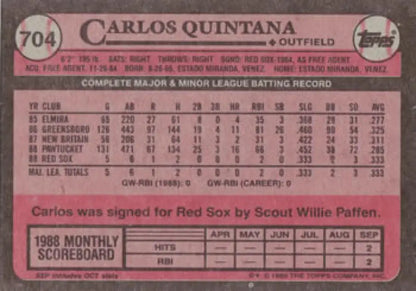 1989 Topps #704 Carlos Quintana Rookie Baseball Card for Red Sox collectors