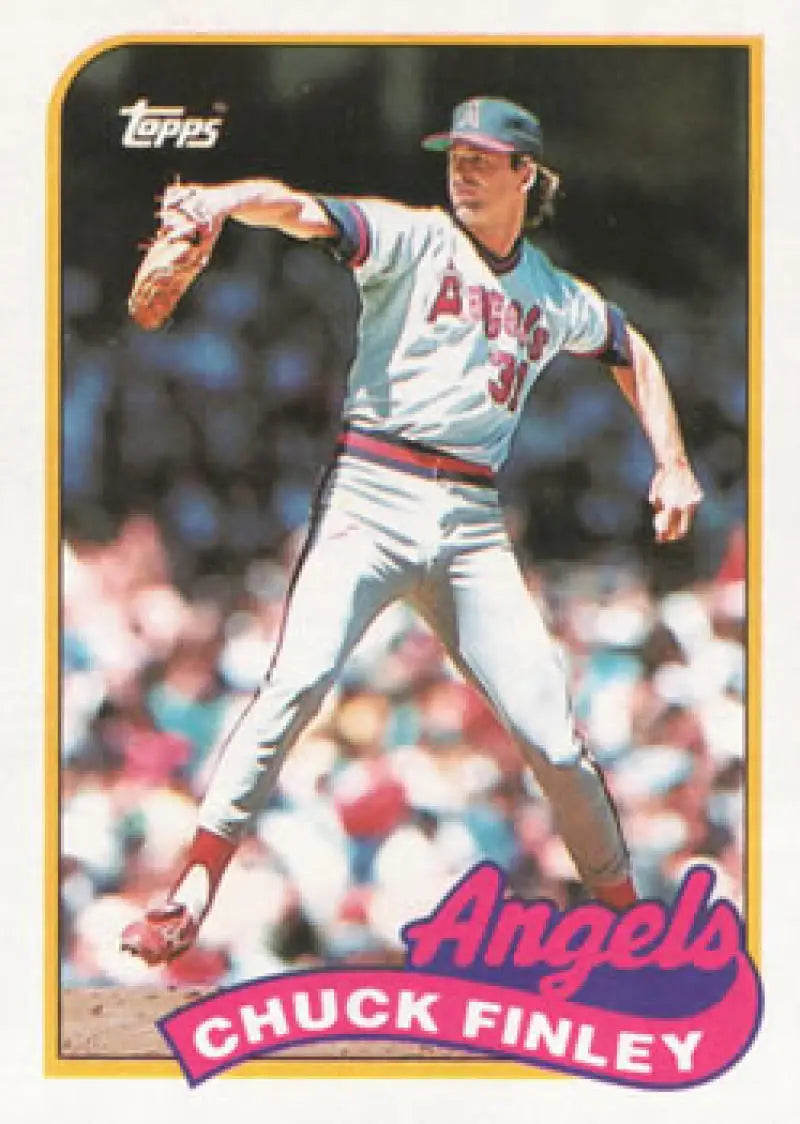 1989 Topps Chuck Finley baseball card featuring California Angels pitcher mid-delivery