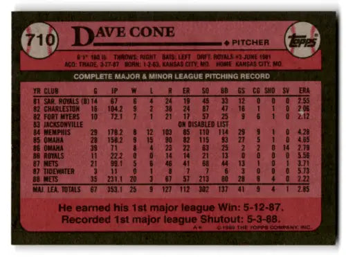 1989 Topps #710 David Cone baseball card in original gloss, Near Mint Mets condition