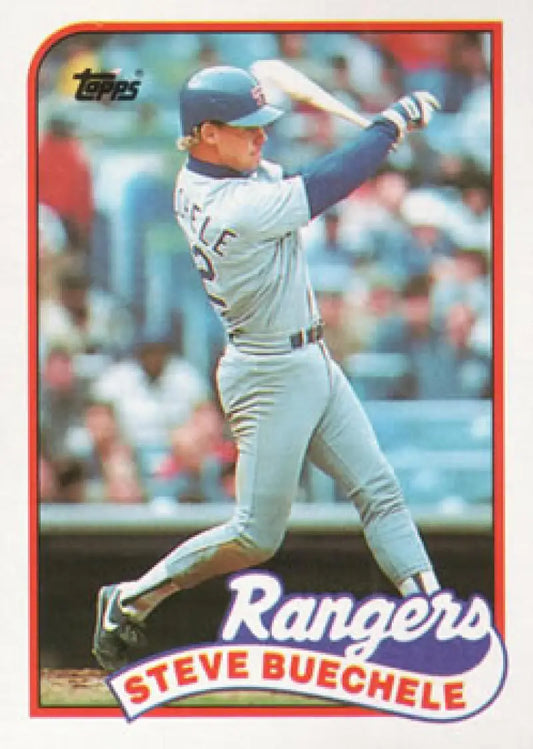 1989 Topps Baseball Card of Steve Buechele with Texas Rangers at bat