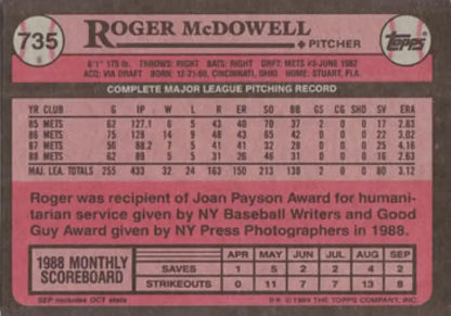 Roger McDowell 1989 Topps baseball card featuring New York Mets pitcher