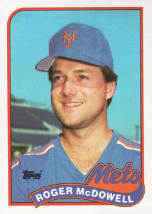 New York Mets baseball card of Roger McDowell in blue uniform and cap