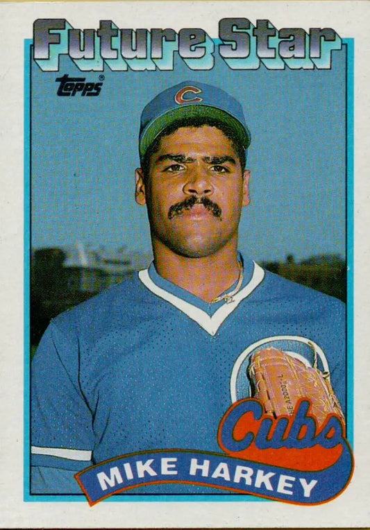 1989 Topps Future Stars Chicago Cubs Rookie baseball card of Mike Harkey in NM-MT condition