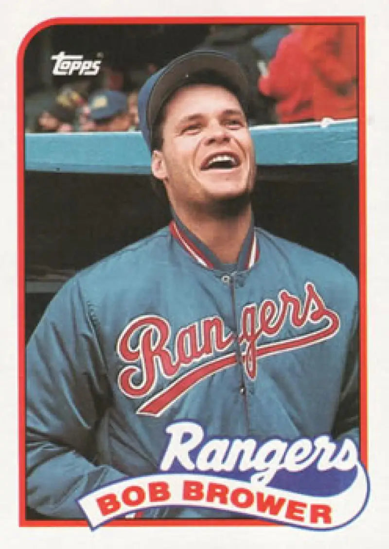 Vintage Topps Bob Brower card featuring Texas Rangers manager in blue jacket laughing