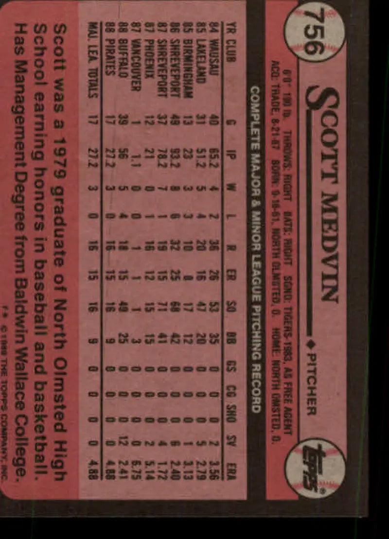 Vintage 1989 Topps #756 Scott Medvin Baseball Card with player stats for Pittsburgh Pirates