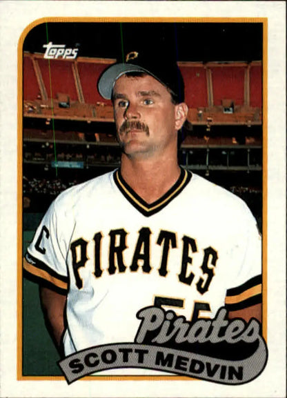 Baseball card of Scott Medvin, Pittsburgh Pirates player in white home uniform