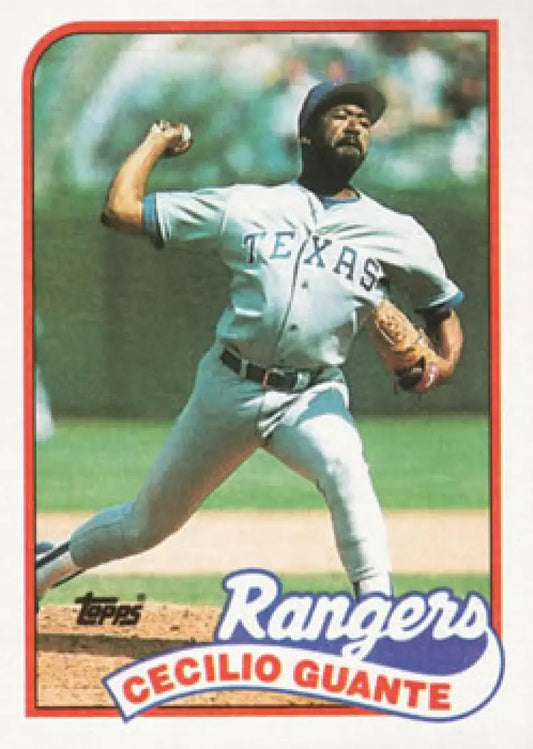 1989 Topps #766 Cecilio Guante Texas Rangers baseball card in mid-throwing motion