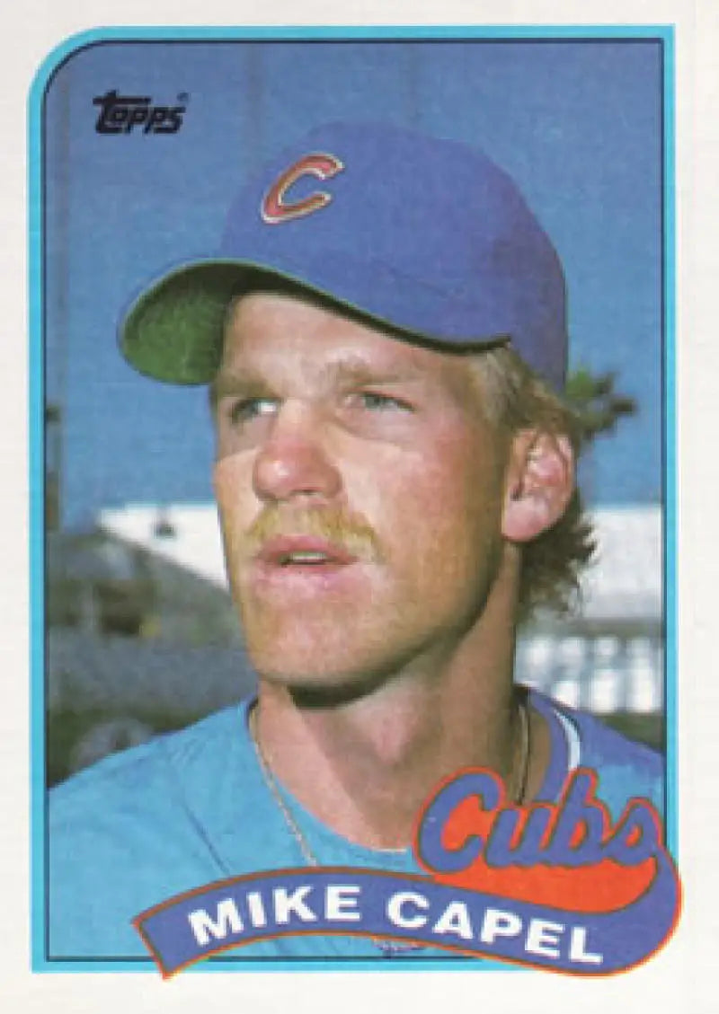 Vintage 1989 Topps baseball card of Mike Capel from the Chicago Cubs wearing a blue cap