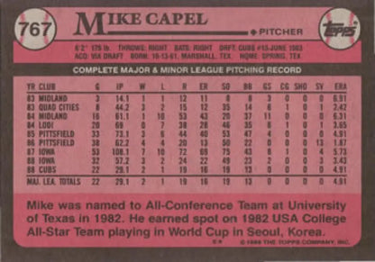 Pink 1985 Topps Baseball Card #767 featuring Mike Capel of the Chicago Cubs