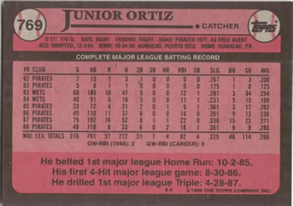 Pink 1986 Topps Junior Ortiz Baseball Card featuring Pittsburgh Pirates stats