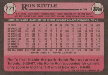 1988 Topps Baseball Card #771 featuring Ron Kittle with Cleveland Indians statistics