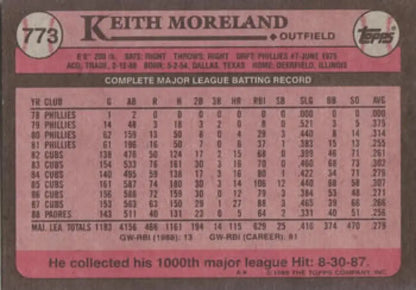 Pink 1986 Topps Baseball Card featuring Keith Moreland’s career statistics, San Diego Padres