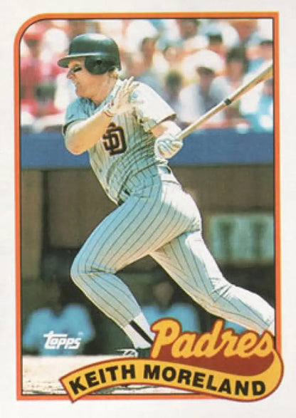 Vintage 1989 Topps baseball card of Keith Moreland, San Diego Padres player at bat