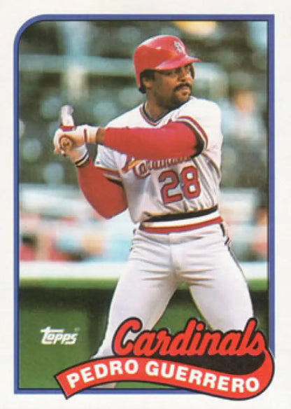 Baseball card of Pedro Guerrero in St. Louis Cardinals white uniform with red trim