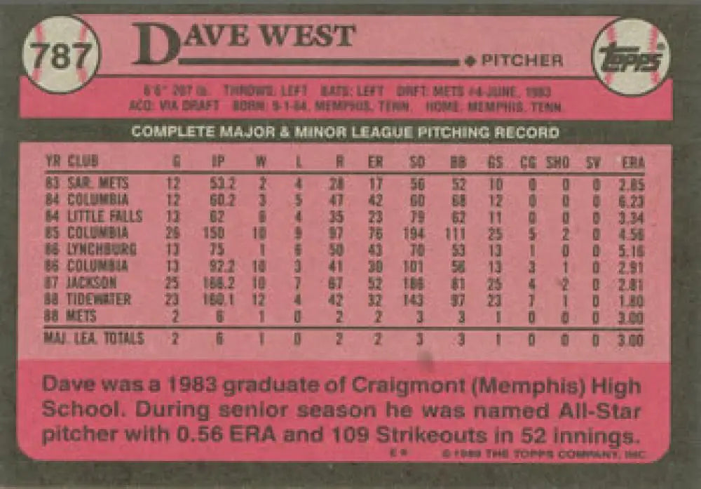 David West 1989 Topps #787 Baseball Card New York Mets with stats and biography