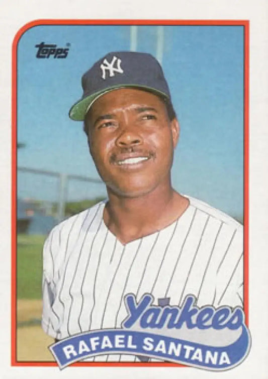 Vintage Topps Baseball Card of Rafael Santana, Smiling New York Yankees Player in Pinstripes