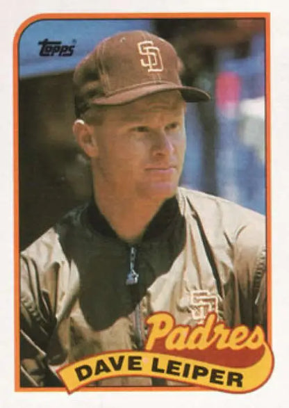 Baseball card of Dave Leiper in San Diego Padres cap from 1989 Topps collection