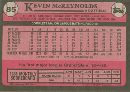 1989 Topps Kevin McReynolds baseball card with pink and black design for New York Mets