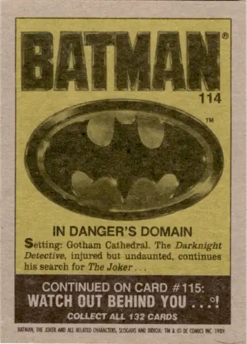 Vintage Topps Batman trading card #114 featuring original gloss in Near Mint condition